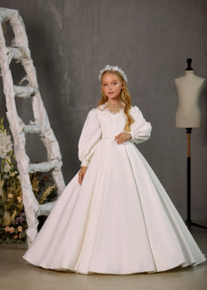 Long Sleeves Beaded Ivory Lace Satin Flower Girl Dress